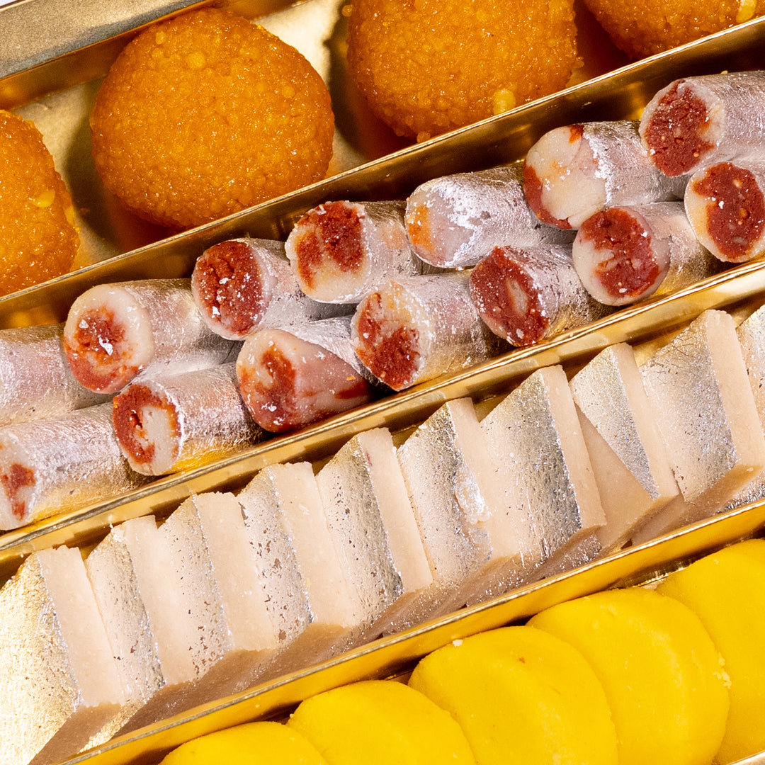 SHAHI RELISH ( KAJU KATLI, KAJU ANJEER ROLL, MOTICHOOR LADOO, KESAR PEDA)